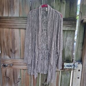 Rhonda Shear Taupe Lace Open-Front Cardigan